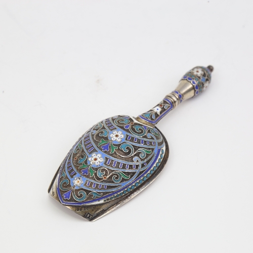 1129 - A Russian silver and champleve enamel sugar shovel, mark of Antip Kuzmichev of Moscow, made for Tiff... 