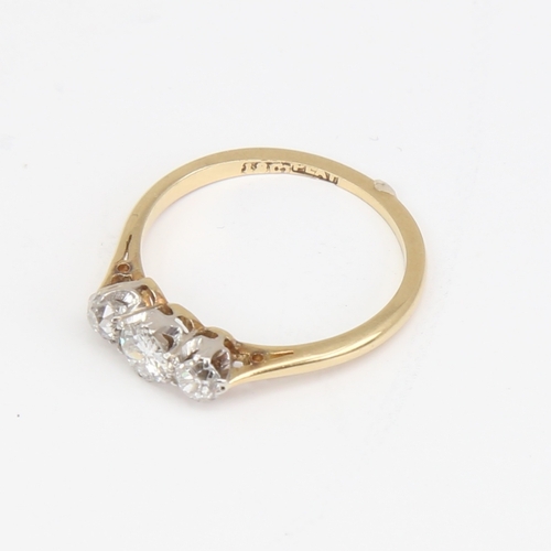 1136 - An early 20th century 18ct gold 3-stone diamond ring, set with round brilliant and old-cut diamonds,... 