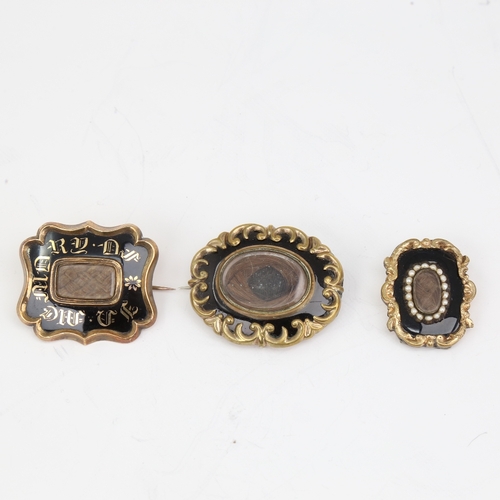 1147 - 3 Victorian black enamel mourning brooches, unmarked yellow metal settings with central hair panels,... 