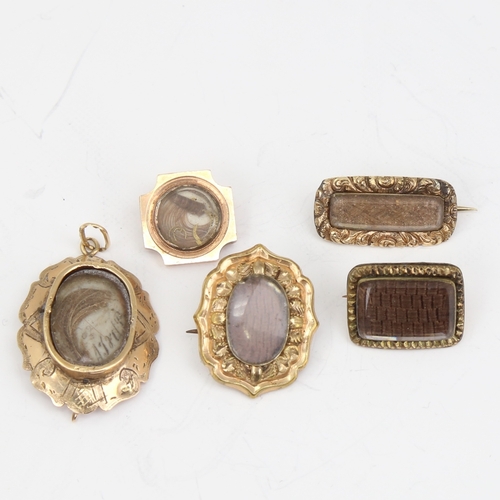 1148 - 5 pieces of Antique mourning jewellery, comprising 4 brooches and 1 pendant, all with woven and styl... 