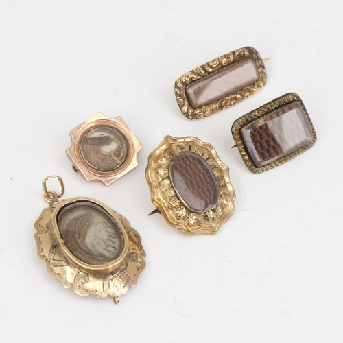 1148 - 5 pieces of Antique mourning jewellery, comprising 4 brooches and 1 pendant, all with woven and styl... 