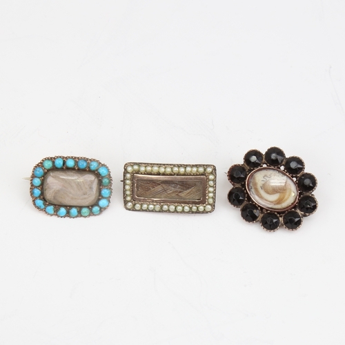 1149 - 3 Antique mourning brooches, all stone set with hair panel centres, unmarked yellow metal settings, ... 