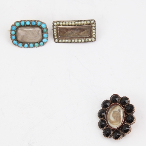 1149 - 3 Antique mourning brooches, all stone set with hair panel centres, unmarked yellow metal settings, ... 