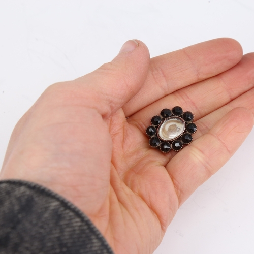 1149 - 3 Antique mourning brooches, all stone set with hair panel centres, unmarked yellow metal settings, ... 