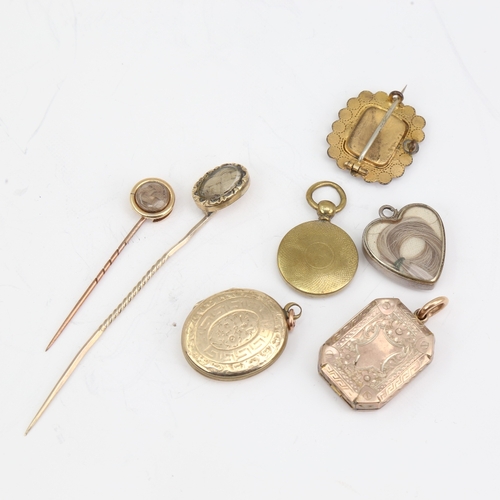 1150 - A group of Antique mourning jewellery, including photo pendant lockets, woven hair stickpins, brooch... 