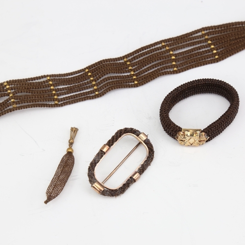 1151 - A group of Antique woven hair mourning jewellery, including child's yellow metal-mounted expanding b... 