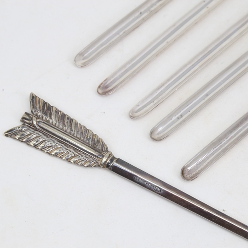 1155 - A set of 5 Antique silver plated marrow scoops, and a silver plated arrow meat skewer, length 30cm (... 