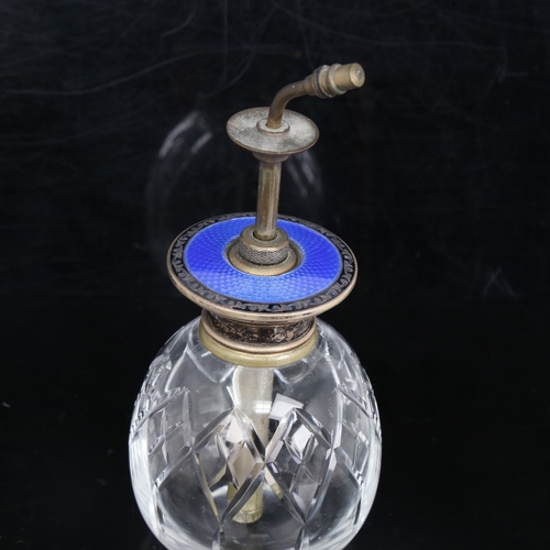 1158 - A George V Art Deco blue enamel and silver-mounted glass dressing table perfume atomiser, by Henry M... 