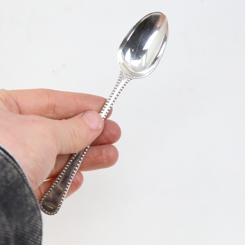 1160 - A set of 6 Georgian silver bead-edge teaspoons, indistinct hallmarks, length 13cm, 3.3oz total (6)