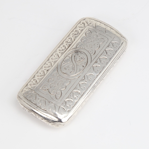 1161 - A Victorian silver snuffbox, rectangular cushion form with bright-cut engraved decoration and gilt i... 