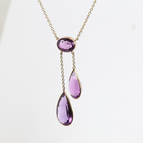 1166 - ***WITHDRAWN*** A 9ct gold amethyst negligee pendant necklace, set with oval mixed-cut amethyst susp... 