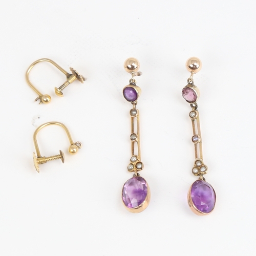 1167 - ***WITHDRAWN*** A pair of unmarked gold amethyst and split-pearl pendant earrings, openwork settings... 