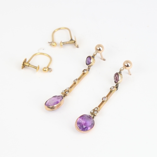 1167 - ***WITHDRAWN*** A pair of unmarked gold amethyst and split-pearl pendant earrings, openwork settings... 