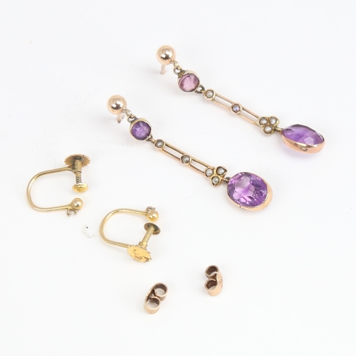 1167 - ***WITHDRAWN*** A pair of unmarked gold amethyst and split-pearl pendant earrings, openwork settings... 