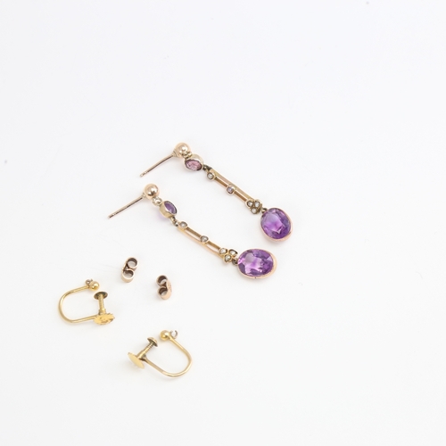 1167 - ***WITHDRAWN*** A pair of unmarked gold amethyst and split-pearl pendant earrings, openwork settings... 