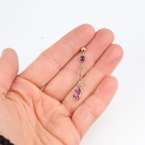 1167 - ***WITHDRAWN*** A pair of unmarked gold amethyst and split-pearl pendant earrings, openwork settings... 