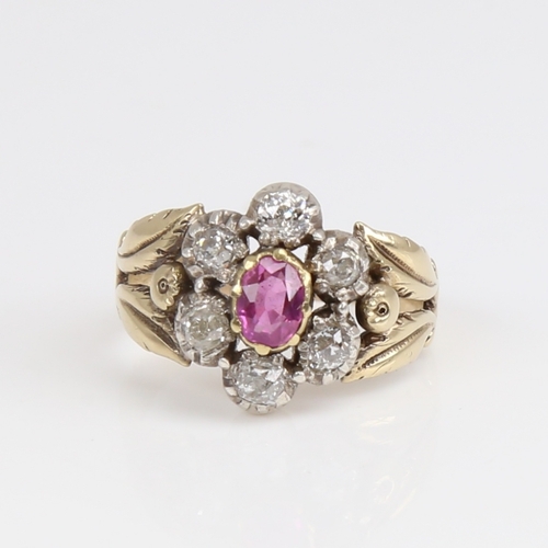 1169 - An Antique unmarked gold ruby and diamond cluster flowerhead ring, set with oval mixed-cut ruby and ... 