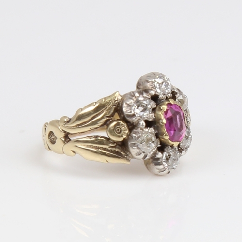 1169 - An Antique unmarked gold ruby and diamond cluster flowerhead ring, set with oval mixed-cut ruby and ... 