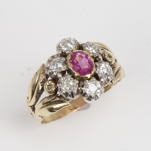 1169 - An Antique unmarked gold ruby and diamond cluster flowerhead ring, set with oval mixed-cut ruby and ... 