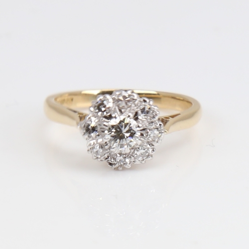 1172 - A late 20th century 18ct gold diamond cluster ring, set with modern round brilliant and eight-cut di... 