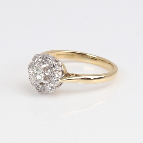 1172 - A late 20th century 18ct gold diamond cluster ring, set with modern round brilliant and eight-cut di... 