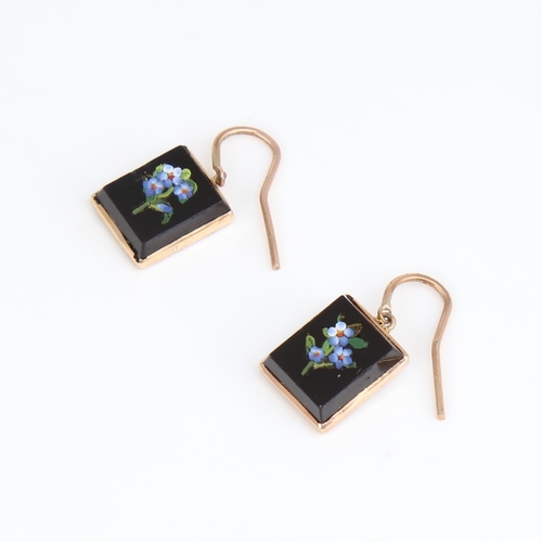 1174 - A pair of Italian Grand Tour micro mosaic earrings, floral panels with shepherd hook fittings, unmar... 