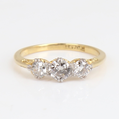 1176 - An early 20th century 18ct gold 3-stone diamond ring, set with round brilliant-cut diamonds, total d... 