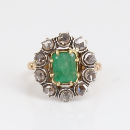 1184 - An Antique unmarked gold emerald and diamond cluster ring, set with emerald-cut emerald and rose-cut... 