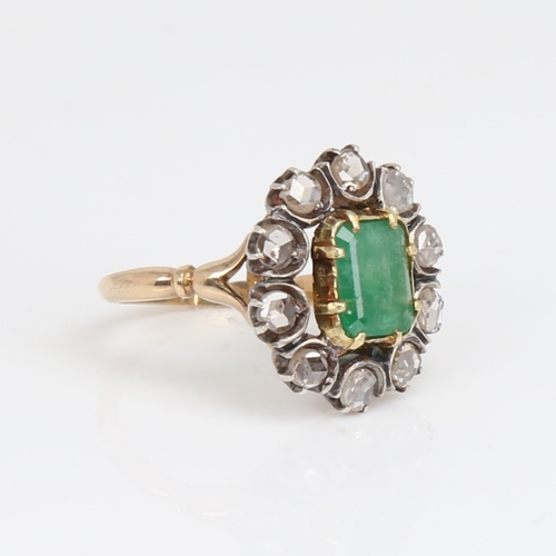 1184 - An Antique unmarked gold emerald and diamond cluster ring, set with emerald-cut emerald and rose-cut... 