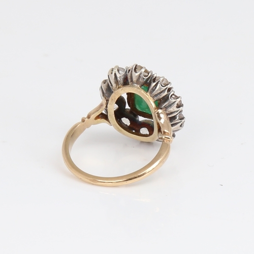 1184 - An Antique unmarked gold emerald and diamond cluster ring, set with emerald-cut emerald and rose-cut... 