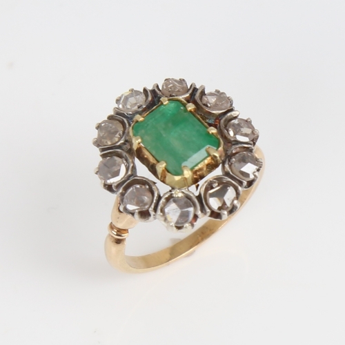 1184 - An Antique unmarked gold emerald and diamond cluster ring, set with emerald-cut emerald and rose-cut... 