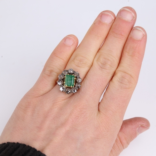 1184 - An Antique unmarked gold emerald and diamond cluster ring, set with emerald-cut emerald and rose-cut... 