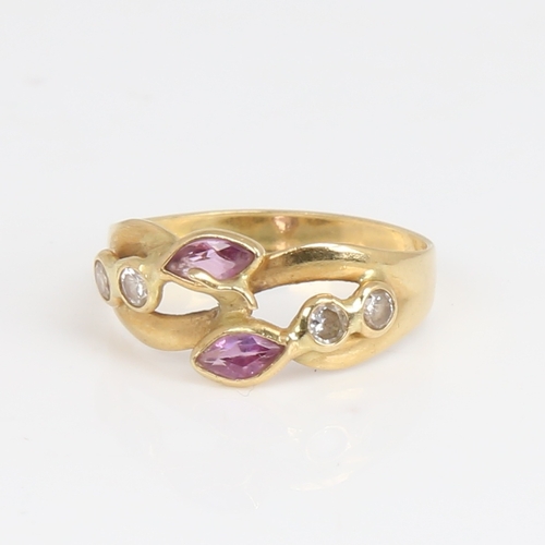 1185 - An Italian 18ct gold pink sapphire and CZ dress ring set with marquise sapphires, setting height 9.4... 