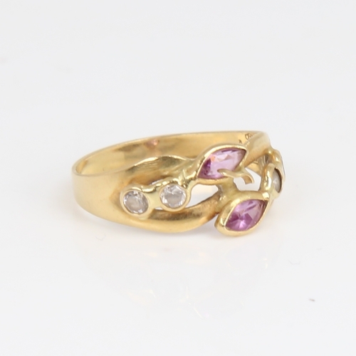 1185 - An Italian 18ct gold pink sapphire and CZ dress ring set with marquise sapphires, setting height 9.4... 