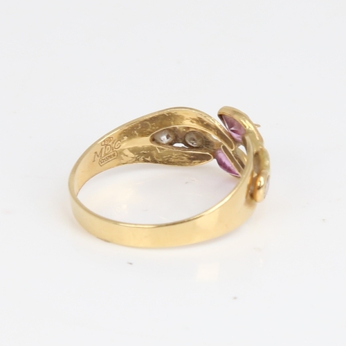 1185 - An Italian 18ct gold pink sapphire and CZ dress ring set with marquise sapphires, setting height 9.4... 