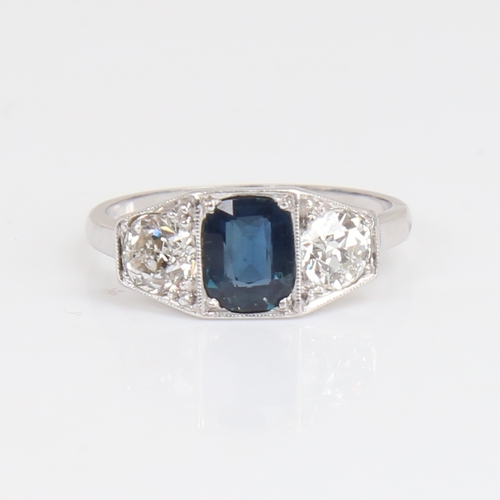 1188 - A French Art Deco style 18ct white gold 3-stone sapphire and diamond ring, geometric panel set with ... 