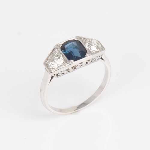 1188 - A French Art Deco style 18ct white gold 3-stone sapphire and diamond ring, geometric panel set with ... 