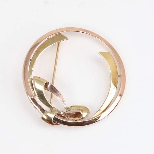 1193 - TIFFANY & CO - a Vintage 2-tone 14ct gold ribbon brooch, circa 1940s, signed, diameter 39.8mm, 5.5g,... 