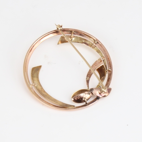 1193 - TIFFANY & CO - a Vintage 2-tone 14ct gold ribbon brooch, circa 1940s, signed, diameter 39.8mm, 5.5g,... 