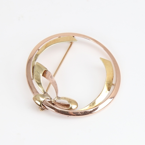 1193 - TIFFANY & CO - a Vintage 2-tone 14ct gold ribbon brooch, circa 1940s, signed, diameter 39.8mm, 5.5g,... 