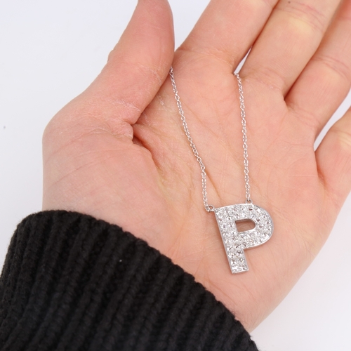 1195 - A modern 9ct white gold diamond initial P pendant necklace, set with old-cut diamonds, total diamond... 