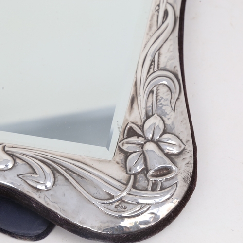 1198 - An Elizabeth II Art Nouveau style silver-fronted dressing table strut mirror, relief embossed daffod... 