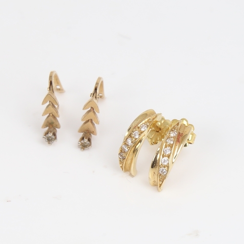 1202 - 2 pairs of gold stone set earrings, comprising 14ct half hoop, 2.6g, and 9ct heart design, 1g (2 pai... 