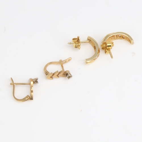 1202 - 2 pairs of gold stone set earrings, comprising 14ct half hoop, 2.6g, and 9ct heart design, 1g (2 pai... 