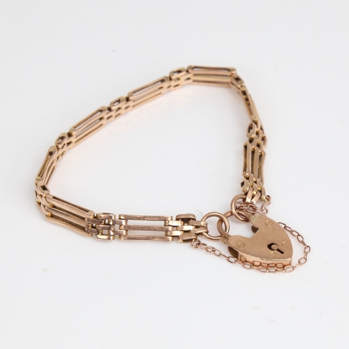 1206 - A Vintage 9ct gold gate link heart padlock bracelet, bracelet length 17cm, 13.3g