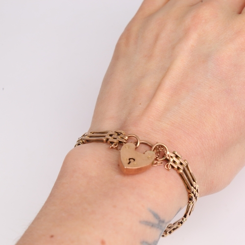 1206 - A Vintage 9ct gold gate link heart padlock bracelet, bracelet length 17cm, 13.3g