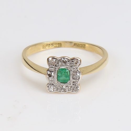 1219 - An early 20th century unmarked gold and platinum emerald and diamond cluster ring, set with emerald-... 