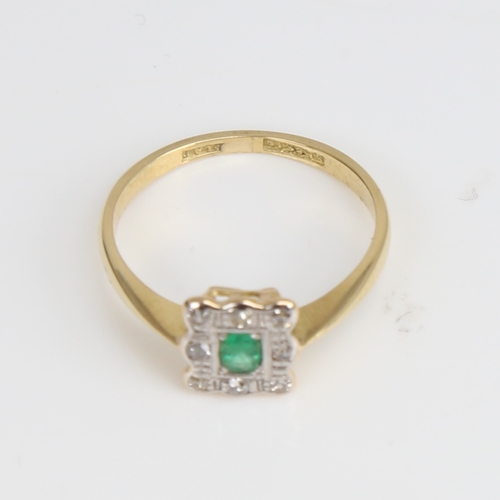 1219 - An early 20th century unmarked gold and platinum emerald and diamond cluster ring, set with emerald-... 