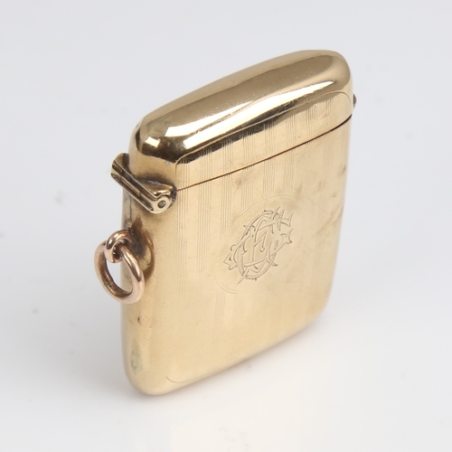 1224 - An early 20th century 9ct gold Vesta case, engine turned decoration with cartouche, by Horace Woodwa... 