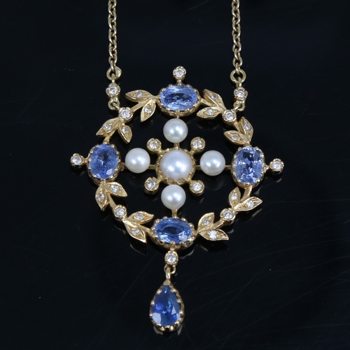 1226 - A late 20th century 18ct gold sapphire pearl and diamond floral pendant necklace set with whole and ... 